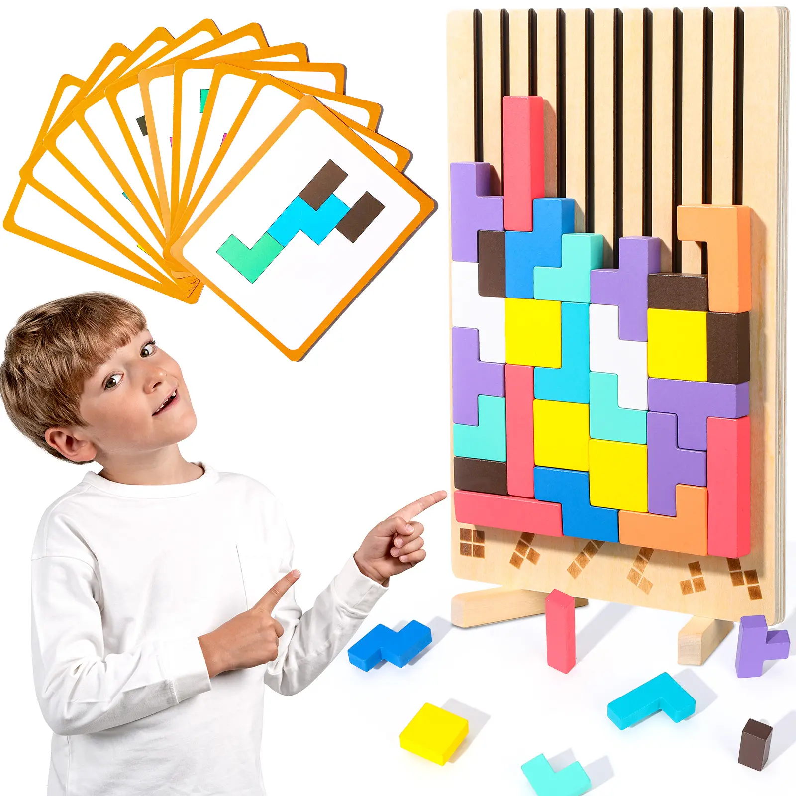 Thick, Bright 3D Wooden Stacking Toy - Colorful Blocks, Shape Recognition Puzzles, Giant Russian Blocks Board Game, Stress Relief Brain Teaser, Educational Gift for Kids (Birthday, Easter) Family Activity, Colorful Blocks Puzzle