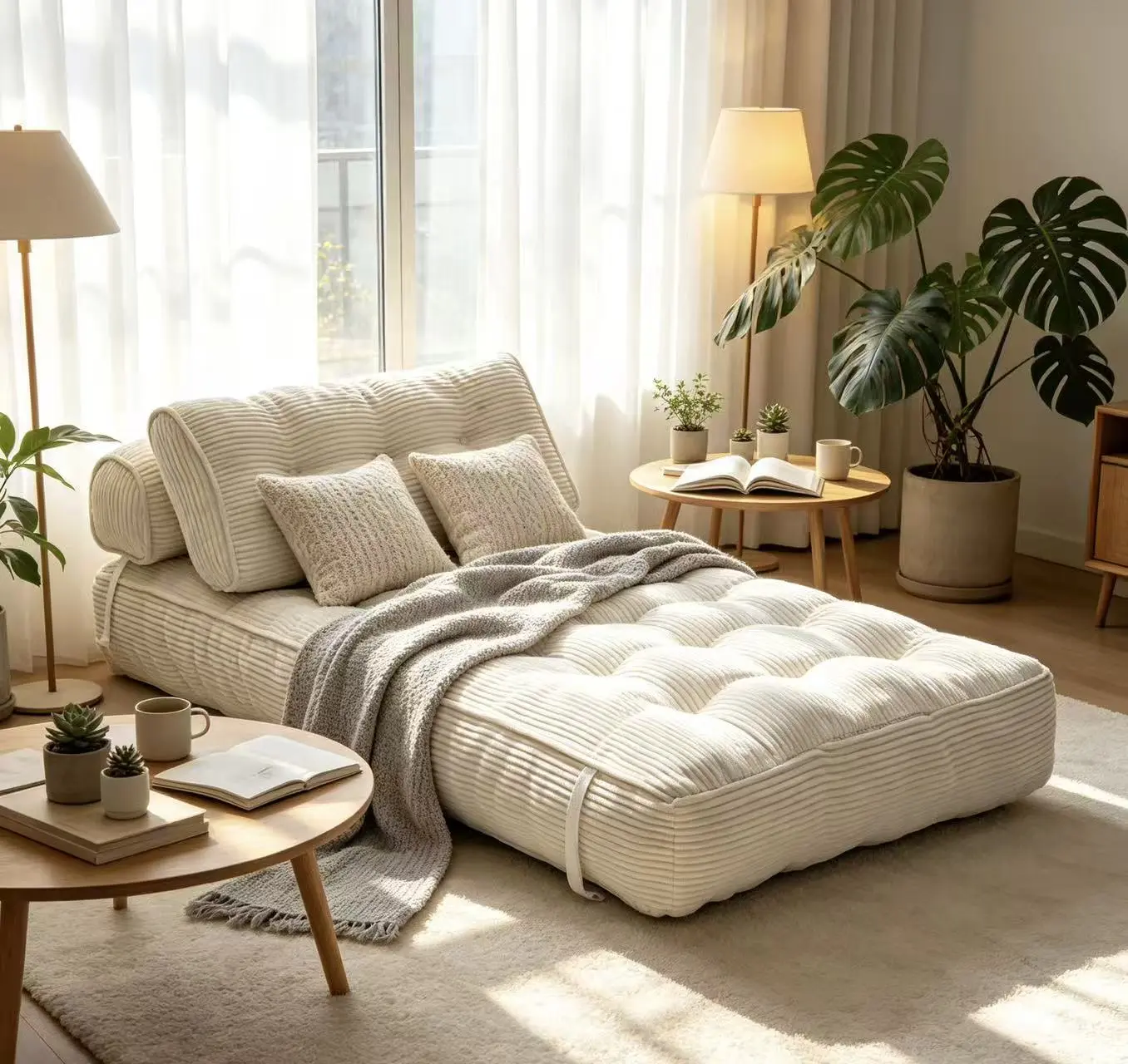 Corduroy 2-in-1 Foldable Modern Convertible Sofa Bed Sleeper Chair - 31.5"w Pre-Assembled, with Pillow, Lumbar Support, Shredded Foam, Portable Floor Lounge for Living Room, Napping