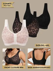 Morelect 3-Pack Plus Size Front Buckle Backless Everyday Casual Bra, Wide Straps, Breathable Lace, No Underwire, 0xl-4xl, Medium Support Lingerie