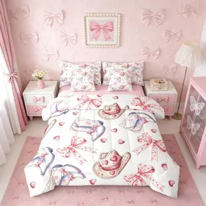 Cowgirls Bowknot Pink White Kawaii Kids 7 Piece Bedding Set,Western Love Hearts Comforter Bed Set with Sheets,Bow Hat Bed Bag,Bow Hat Bed Set