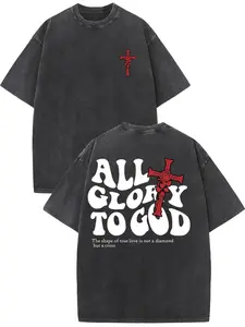 1pc Men's 230GSM Heavyweight Cotton Shortleeve Graphic T-Shirt - Distressed Dual-Sided Washed Vintage Streetwear Tee with "All Glory to God" Cross Print, Black with White & Red Lettering, Regular Fit Round Neck Festive All-Season Casual Holiday Gift