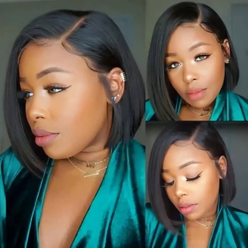 Short bob wig, glueless, human hair, ready to wear, straight, 14 inches, lace front, transparent, pre-plucked, 180% density, black color, for women (5x5 straight bob wig, 12 inches).
