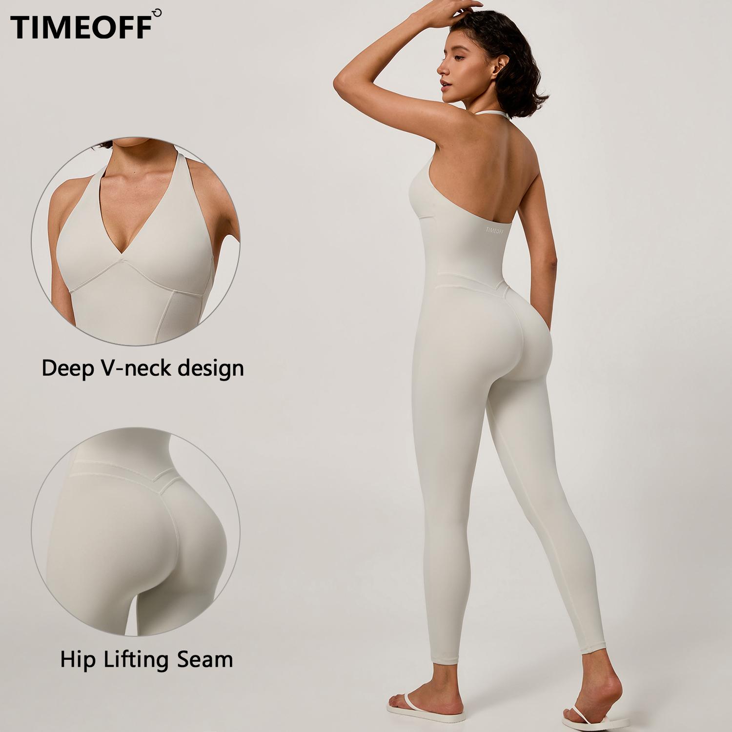 TIMEOFF Women's Halter U Back Full Length Workout Jumpsuit, Contour Hip Lifting Seam & 4-Way Stretch Naked Soft Fabric, One-Piece No Chafing & Body Sculpt Fit for Yoga, Pilates, Gym Training & Daily Casual Outfits