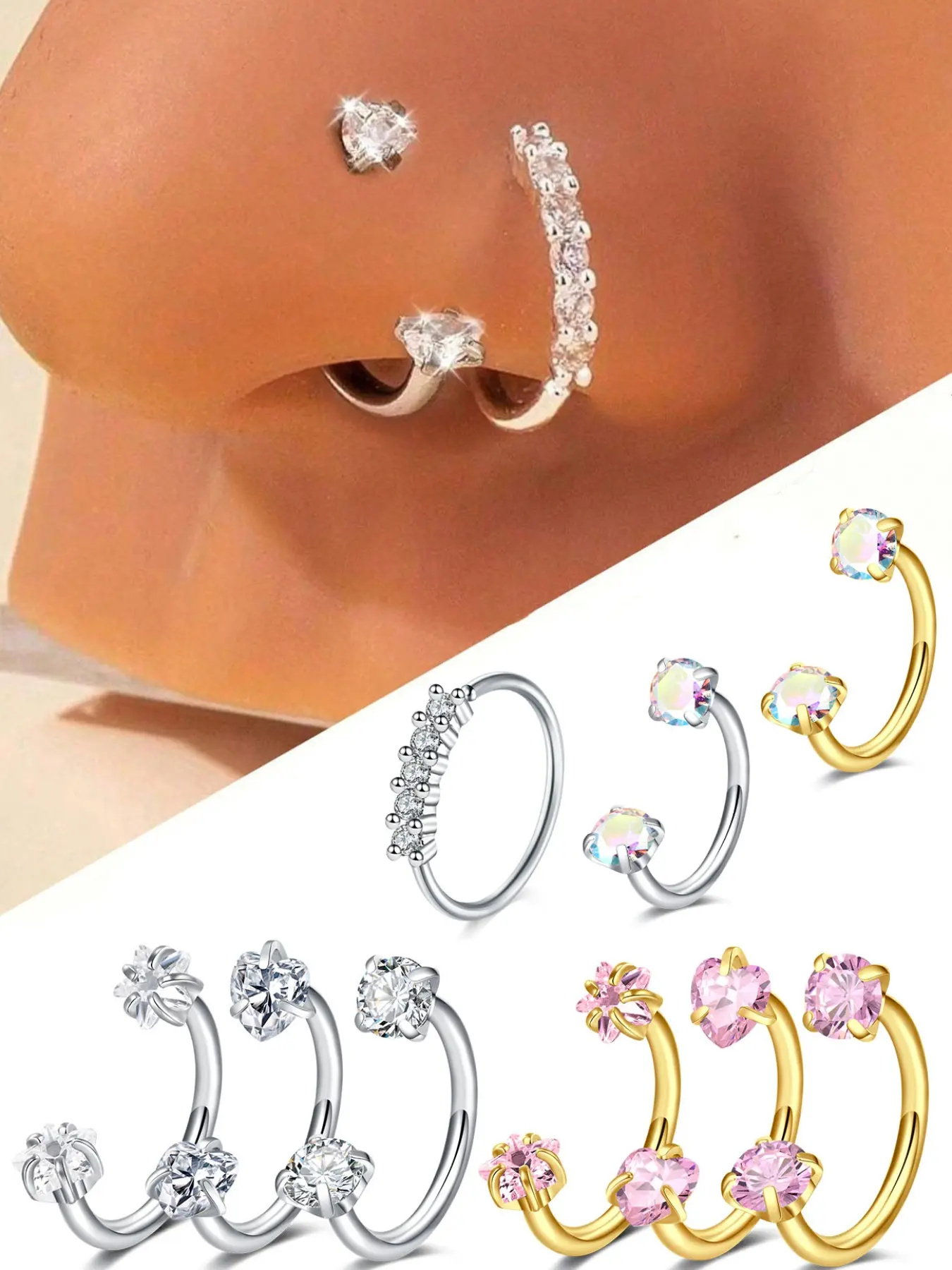 9pcs Stainless Steel Synthetic Zircon Nose Ring, Silver Color C Shape Design, Fashion Jewelry for Women & Girls, Nose Piercing Jewelry, Cubic Zirconia Jewelry, Chic Body Jewelry, Elegant Accessory