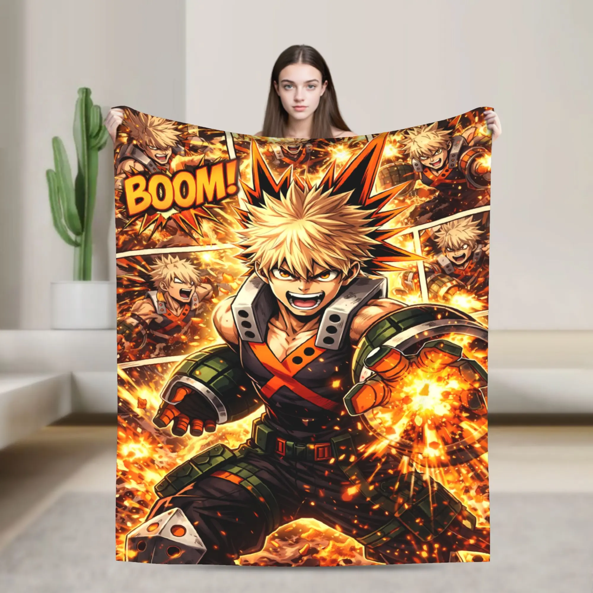 Classic My Hero Academia Bakugou Katsuki Explosion Anime Fanart Flannel Throw Blanket - Ultra-Soft, Lightweight, Breathable Fabric, Cozy Warm Textile for Anime Fans, Home Room Decor Gift, Flannel Texture