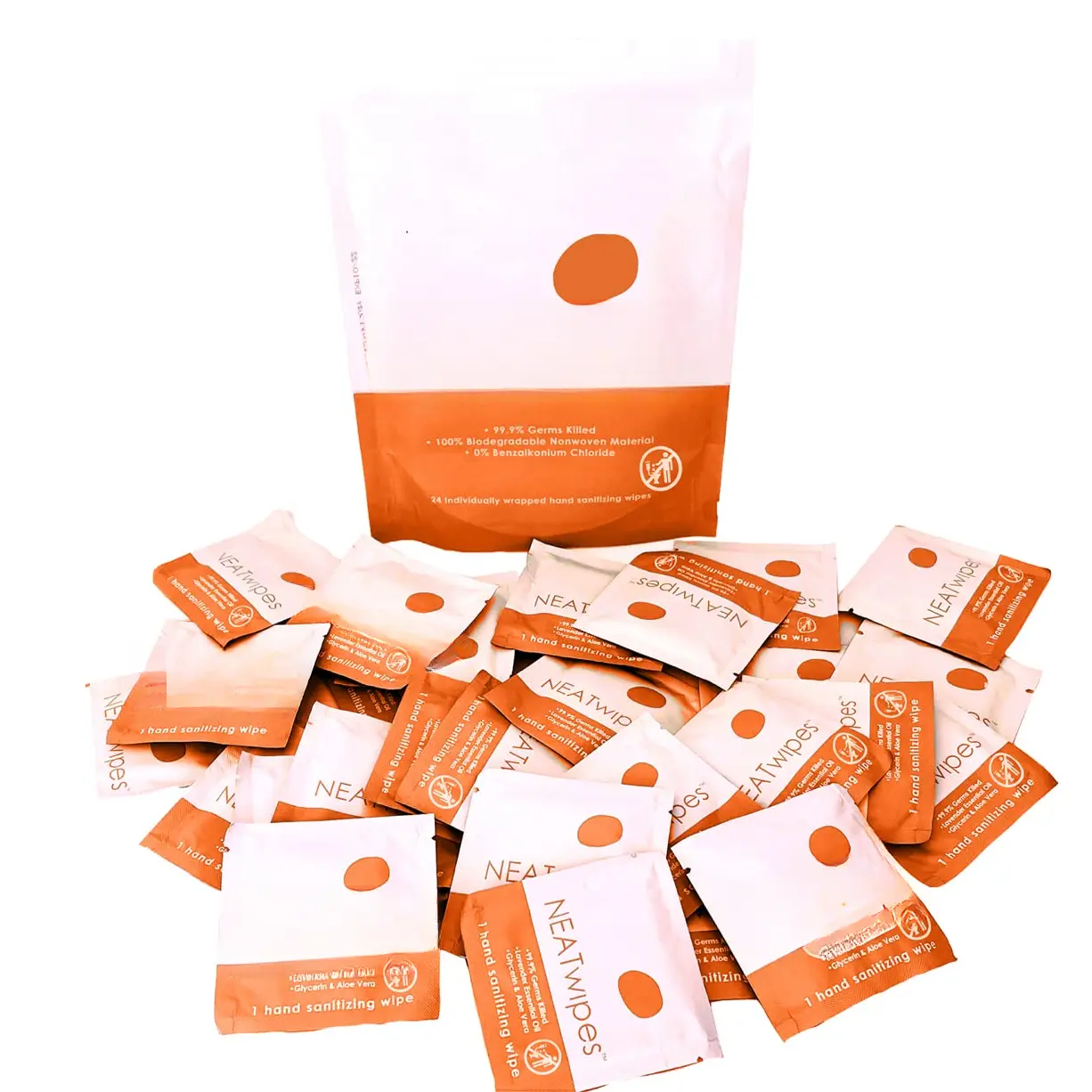 NEATwipes Hand Sanitizing Wipes | Travel Size | Disposable Wet Wipe & Biodegradable | Fresh Citrus Essential Oil |  Aloe Vera | 24 Individually Wrapped Wipes