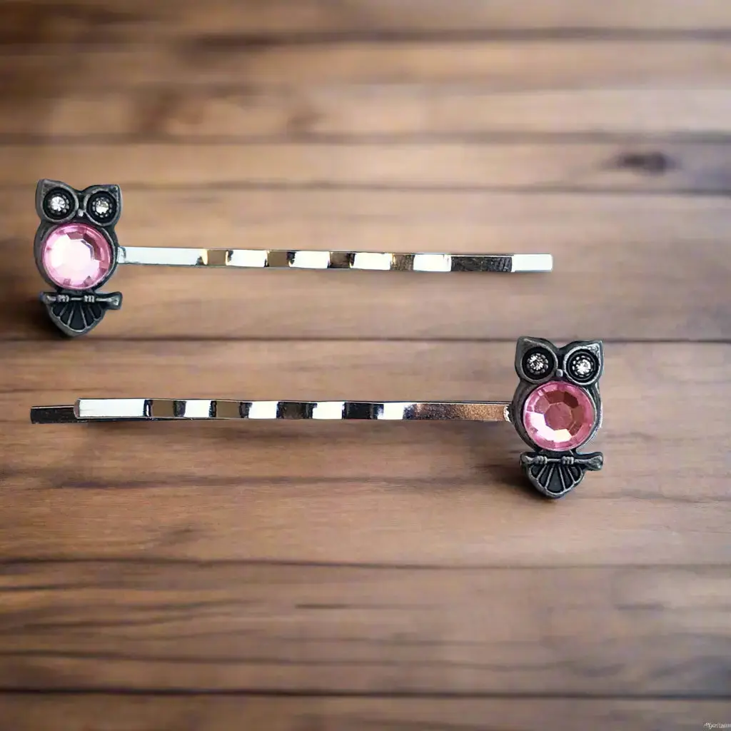 Pink Rhinestone Owl Bobby Pins: Owl Accents for Unique Hairstyles