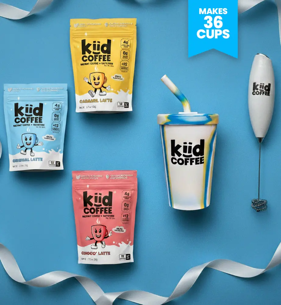 Kiid Coffee Gift Bundle - 3 Delicious Flavors, Cup, and Electric Mixer - Original, Caramel, Chocolate - (36 Servings)