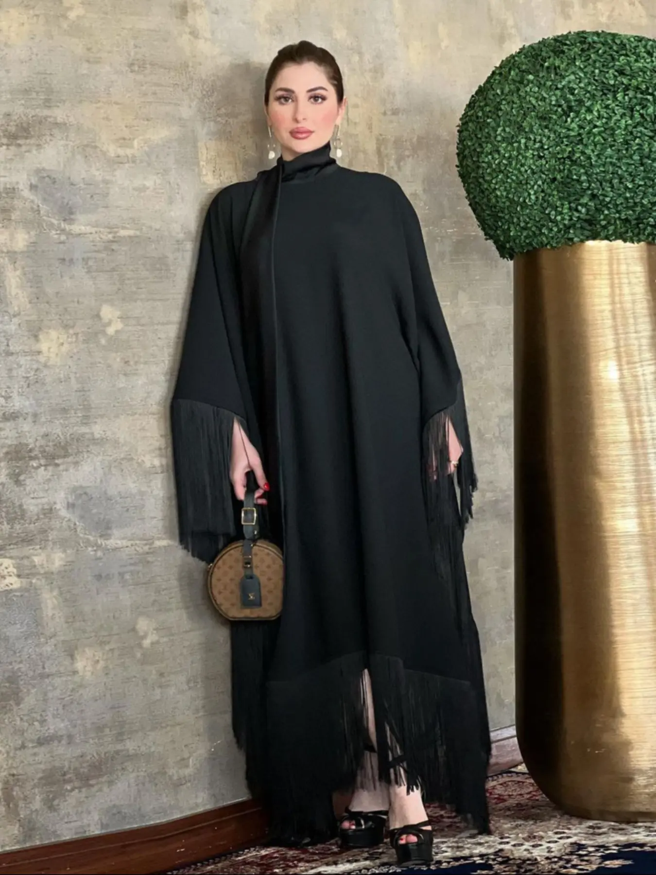 Muslim Women Batwing Sleeve Fringe Maxi Arabic Kaftan High Fashion Dress, Modest Party Gown, Loose-Fitting Elegant Style, Fall & Winter, Muslim Women Gowns, Modesty Muslim Clothing