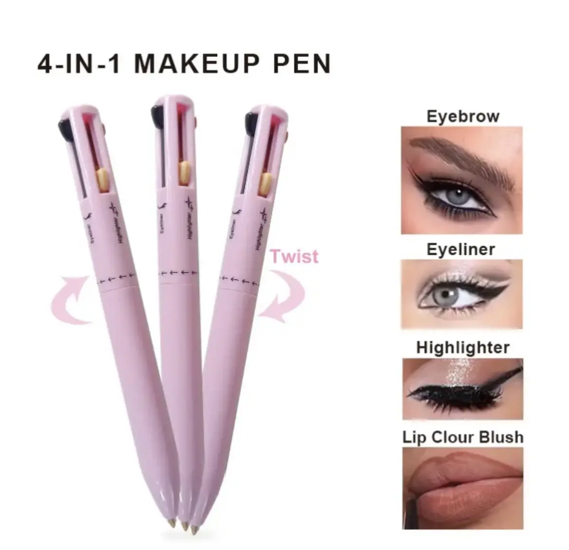 4-in-1 Makeup Pen (Eye Liner/Brow Liner/Lip Liner/& Highlighter) Touch-up Pen All-In-One Multi-Functional Portable Beauty Product On The Go Travel/Makeup Pencil