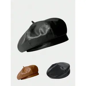 Women's PU Leather Beret Hat, Casual Fitted Painter Cap for Winter All Seasons, Stylish British Style Pumpkin Hat for Daily Wear