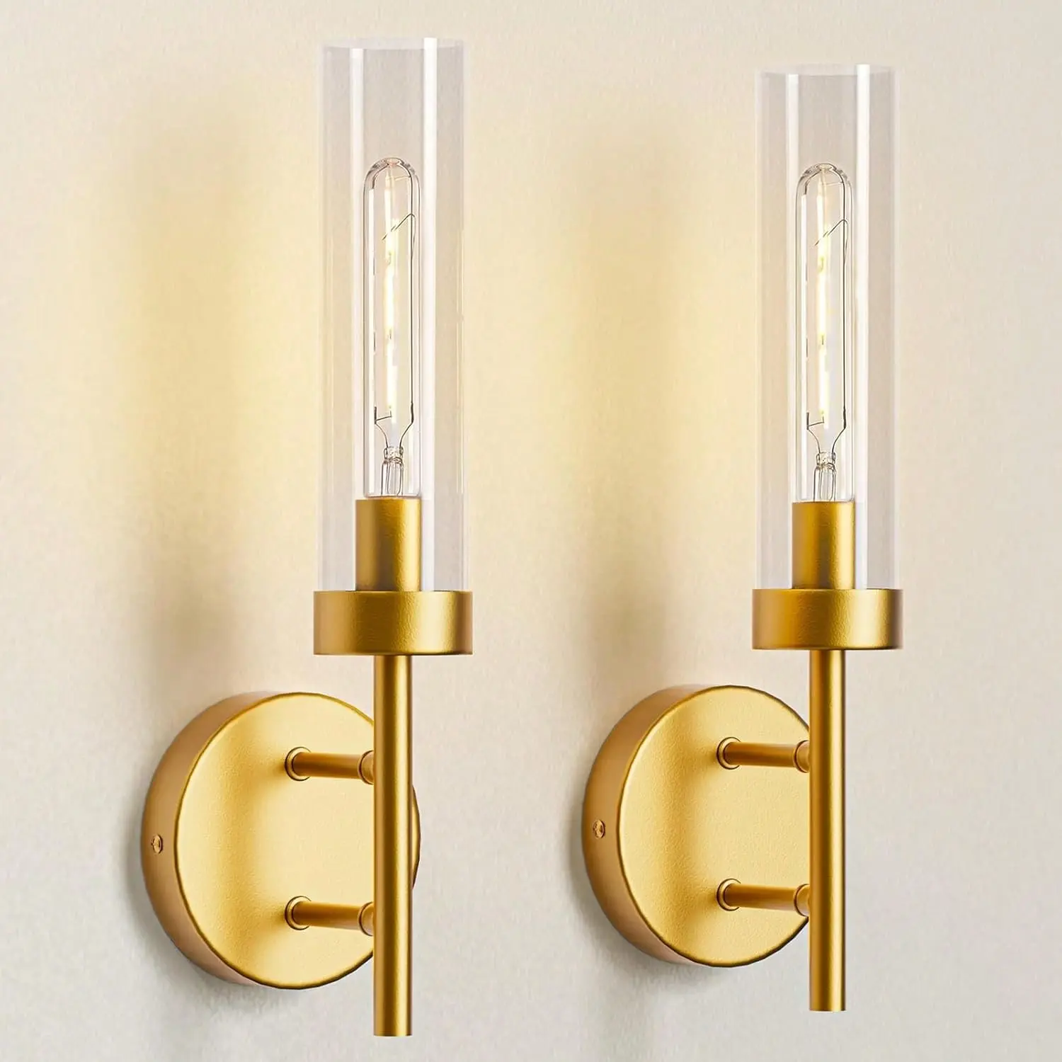 2-Pack Modern Black/Gold Wall Sconces, Hardwired Dimmable Vanity Light Fixture w/ Clear Glass Shade | Indoor E26 Lights for Bathroom, Bedroom & Living Room Accent Decor