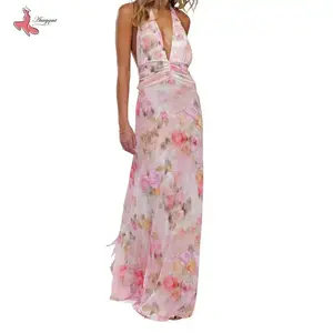 Women's long dress, sleeveless camisole dress, backless floral/polka dot printed summer cocktail party dress