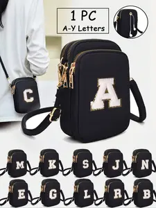 1pc Black Casual Fashion Towel Embroidered White Initials A-Z Crossbody Mini Bag Embellished Shoulder Bag With Mobile Phone Cloth Bag For Women, Girls, Traveling, Returning To School, Gifts, Large Capacity, Fashionable crossbody bag
