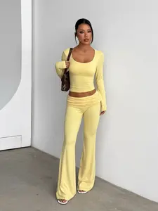 Women's Plain Two-Piece Set, Comfortable Round Neck Long Sleeve Top and Pants, Micro-Permeable High Elasticity, All Seasons Casual Wear