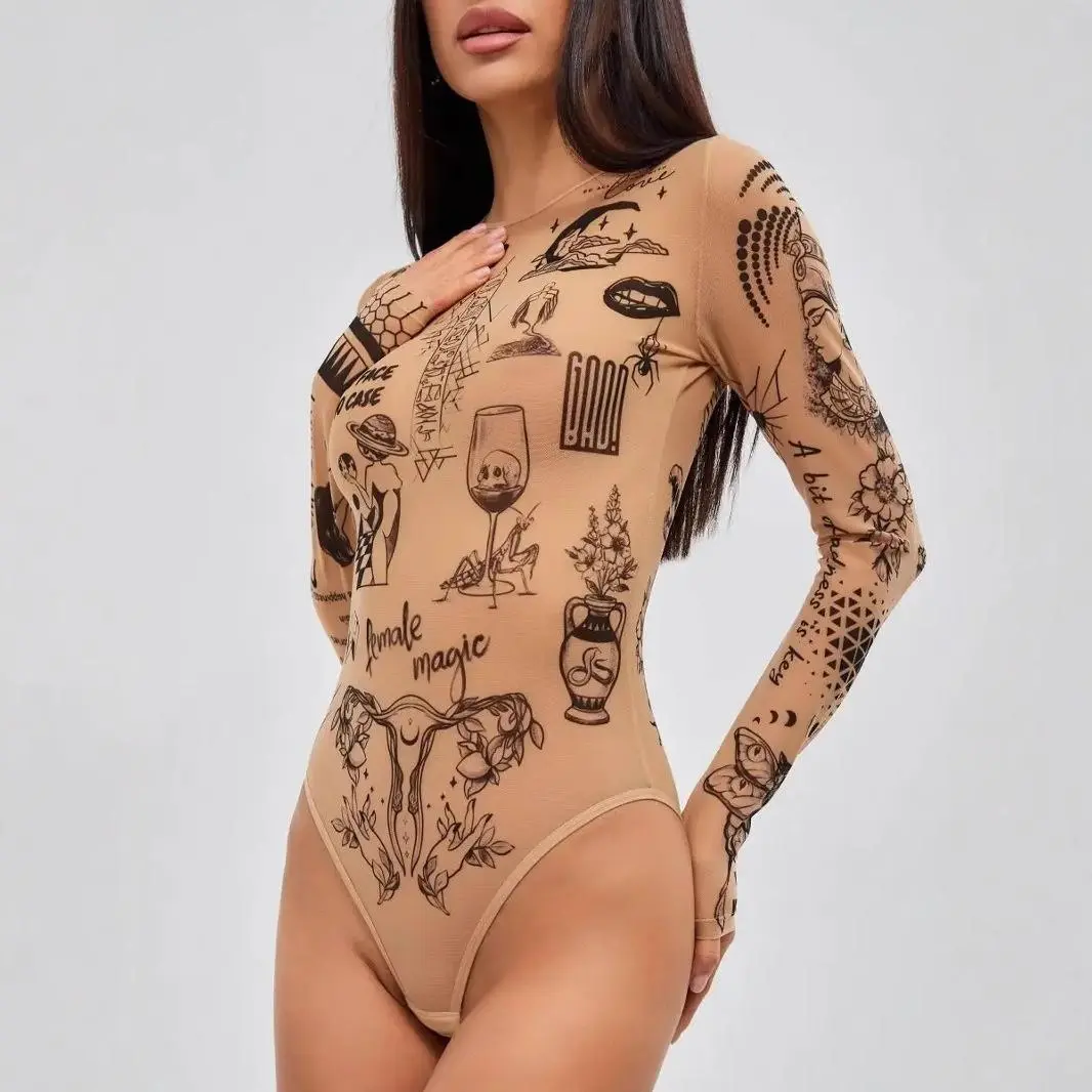 2000s American style mesh see-through pattern print hot girl women's sexy round neck spring and summer casual jumpsuit Bodysuit Womenswear