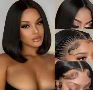 3×1 Lace Closure Human Hair Bob Wig, Yaki Straight Texture, Natural Black Color, 150% Density