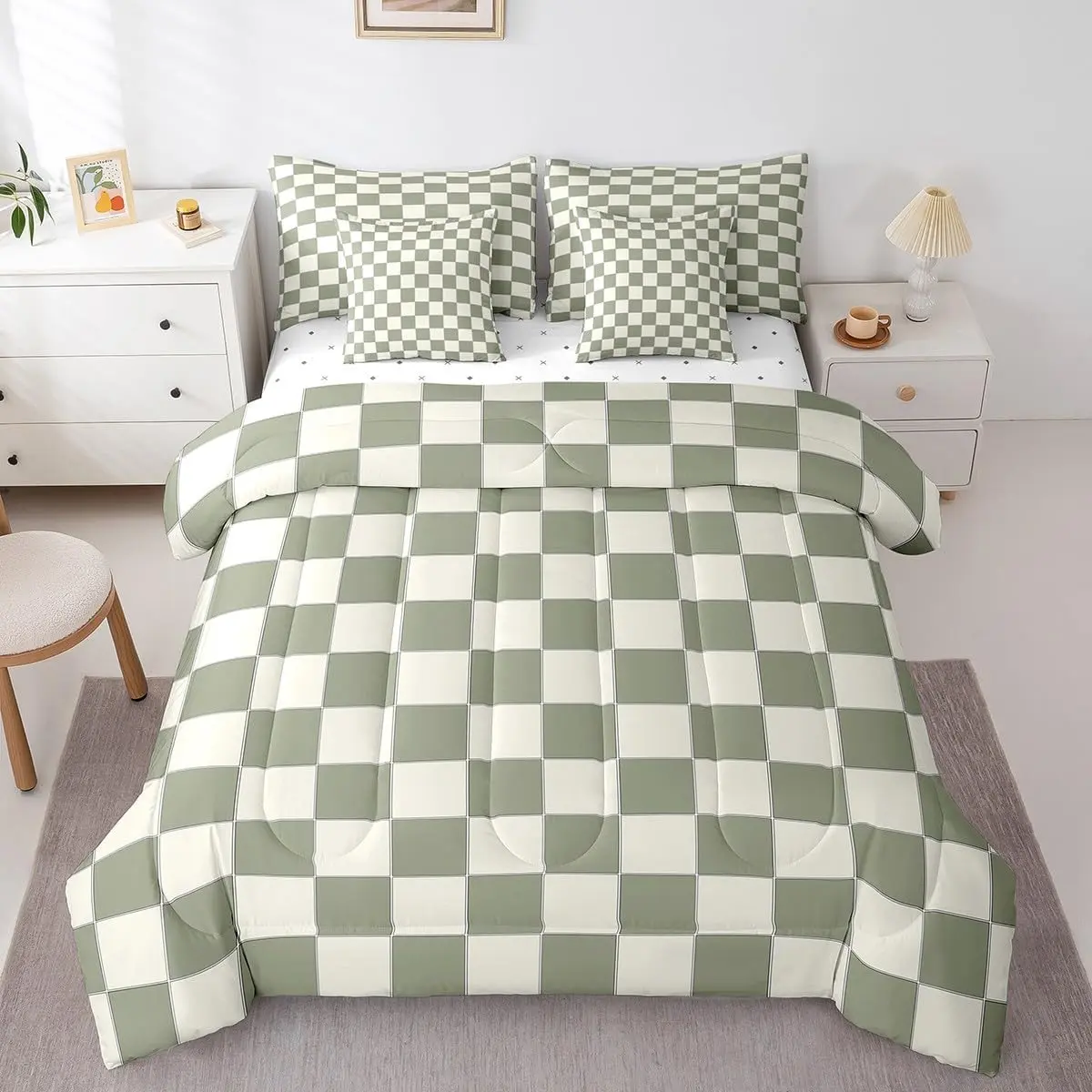 Feelyou 7-Piece Queen Plaid Comforter Set, Beige Sage Green Checkerboard Bed-in-a-Bag with Sheets, Geometric Bedding Set for Kids, Queen Comforter Set