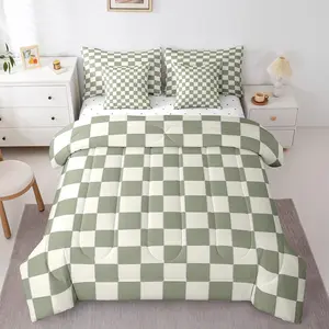Plaid Comforter Set,7 Piece Beige Sage Green Checkerboard Bed in A Bag,with Sheets Geometric Checkered Bedding Set for Boys Girls