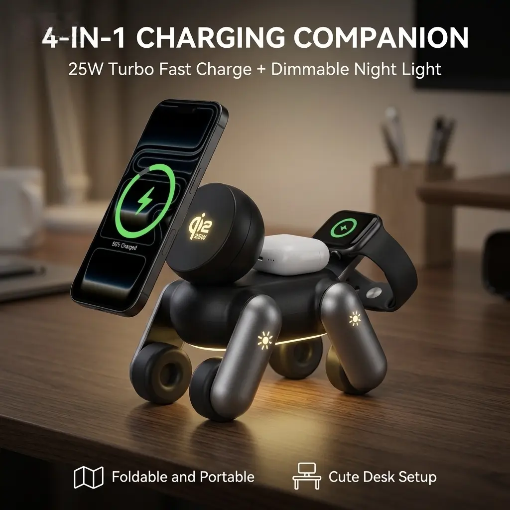 Foldable 4-in-1 Magnetic Wireless Charger Stand With Adjustable Night Light, Fast Charging Station For Apple IPhone 16 15 14 Pro Max Watch AirPods, Cordless Desktop Phone Holder Organizer, Aesthetic Room Decor Travel Essential Tech Gift For Men Women