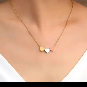 Tri-Color Stainless Steel Chain & Link Necklace with Gold, Silver, Pink Hearts - Elegant, Durable Chain Jewelry Necklaces for Everyday Wear