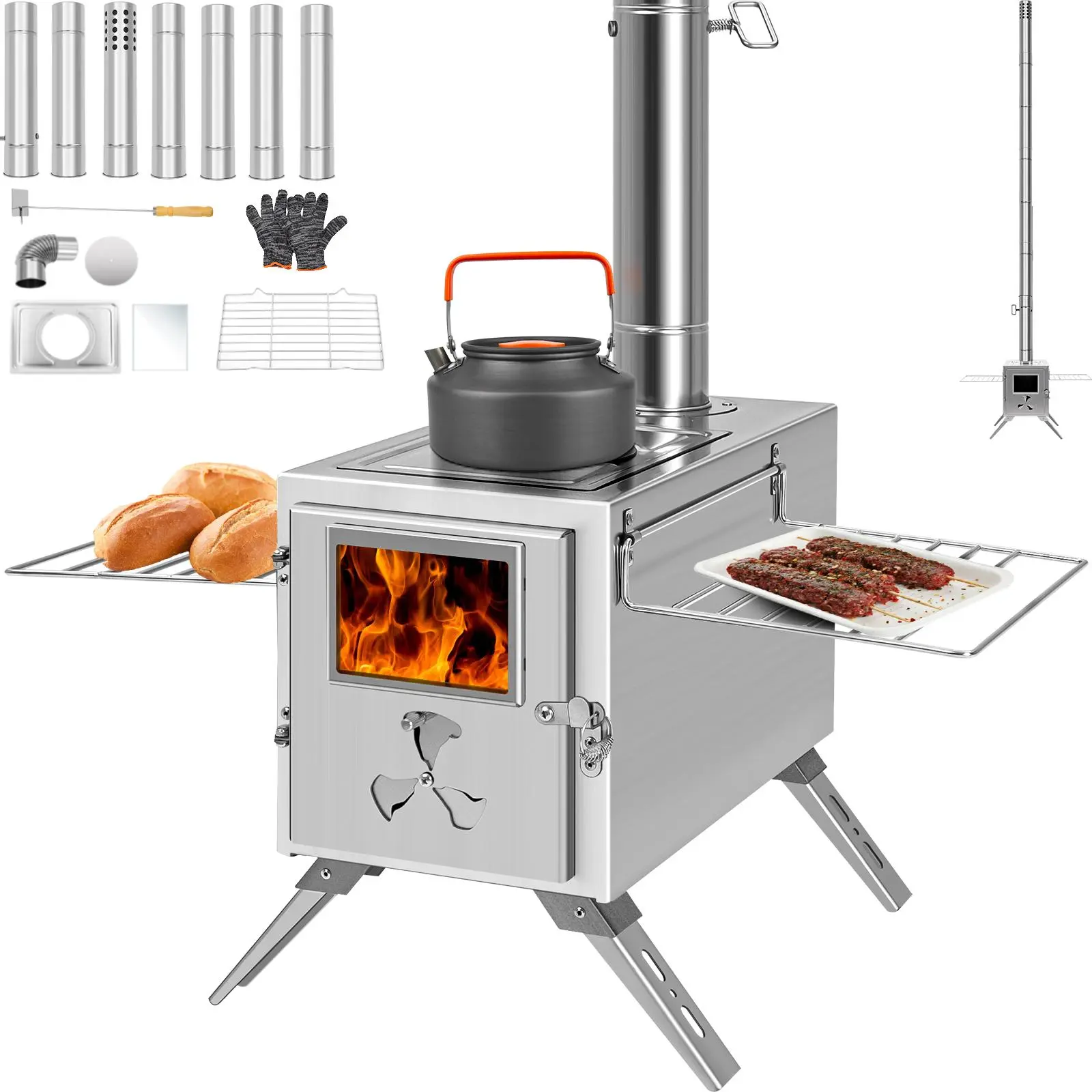 DOCRED Wood Burning Tent Stove, Portable Stainless Steel Camping Accessory for Outdoor Cooking & BBQ with Adjustable Spark-Safe Chimney and Glass Window