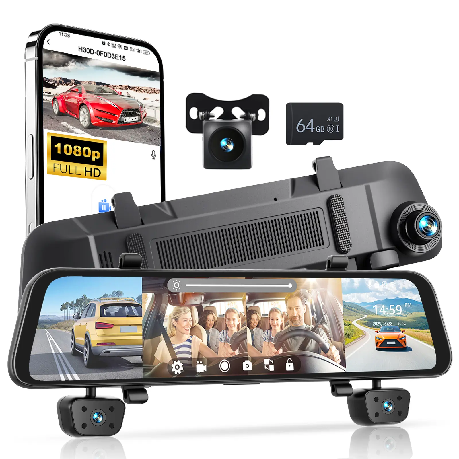 12" Car-Mounted Rear View Mirror Dash Cam (Cockpit Camera), WiFi Enabled, GPS, 1080P Touch Screen, 4 Cameras, G-Sensor, Night Vision, Split Screen, App Control, 64G Card - Car Electronics Accessory (Father's Day Gift)