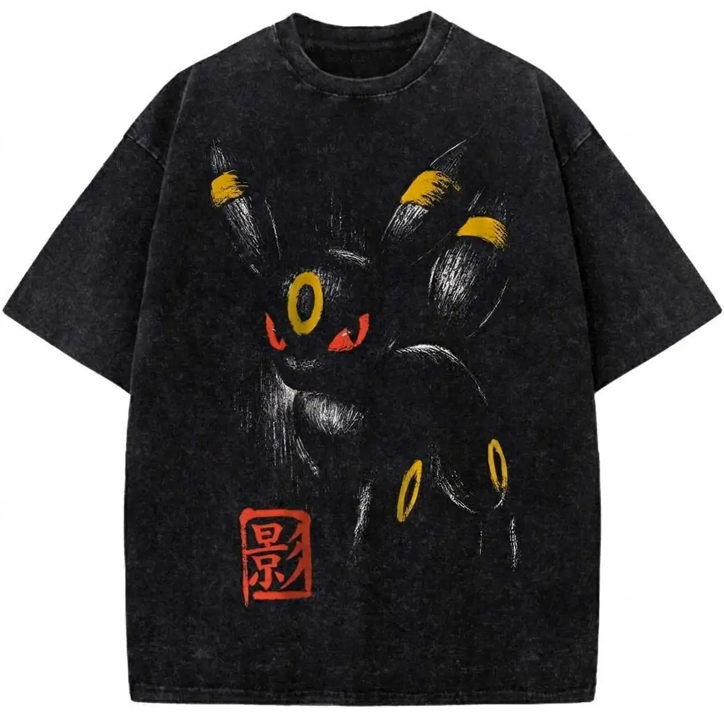 Umbreon Vintage Wash T-Shirt, Pocket Monsters Pkm Shadow Eeveelution Japanese Brush Art Graphic Tee, Gift for Anime Lovers