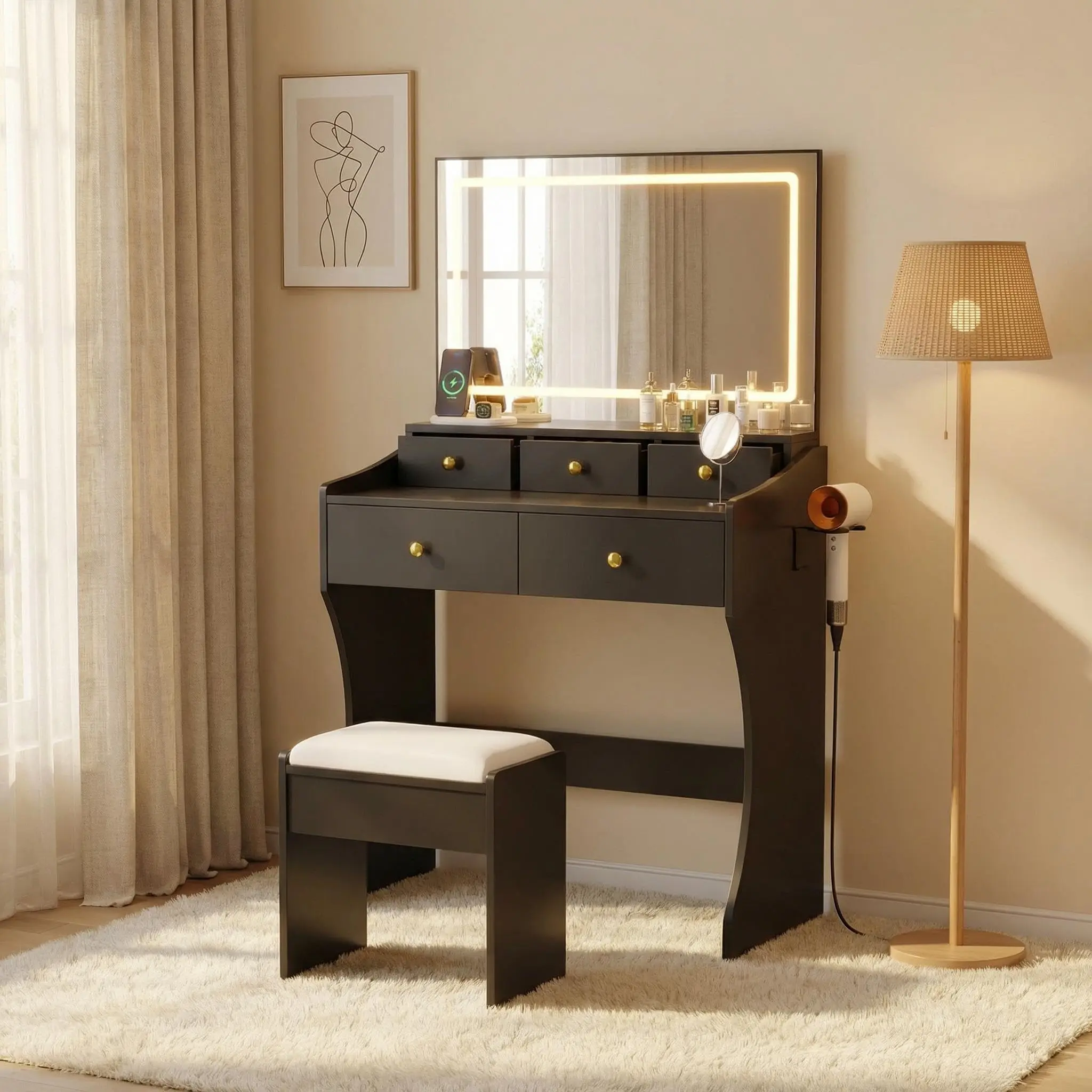 Modern White Vanity Table Set with LED Mirror – 80cm Makeup Desk with Drawers, Power Outlet, and Stool, Sleek Particle Board Dressing Table for Bedroom