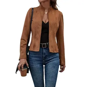 Women's Elegant Lady Vintage Longsleeves Blazer Jacket - Solid Color Round Neck, Medium Stretch, Machine Washable Neutral Tones Classic Coat - Versatile Office & Casual Wear Sports & Outdoor Outerwear