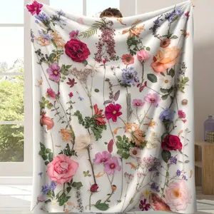 Wildflower Pressed Floral Cottagecore Throw Blanket - Off‑White Background Realistic Pressed Wildflower Print Blanket,Cozy Soft Blanket with Mixed Colorful Dried‑Style Roses, Poppies & Greenery, Perfect for Cottagecore, Boho & Nature‑Loving Home Decor