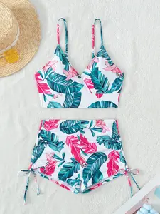 Women's Tropical Floral Print Bikini Set, Sexy Two-Piece Swimsuit, High-Waisted Bottoms, Perfect for Beachwear & Pool Parties, Flower Print Bikini