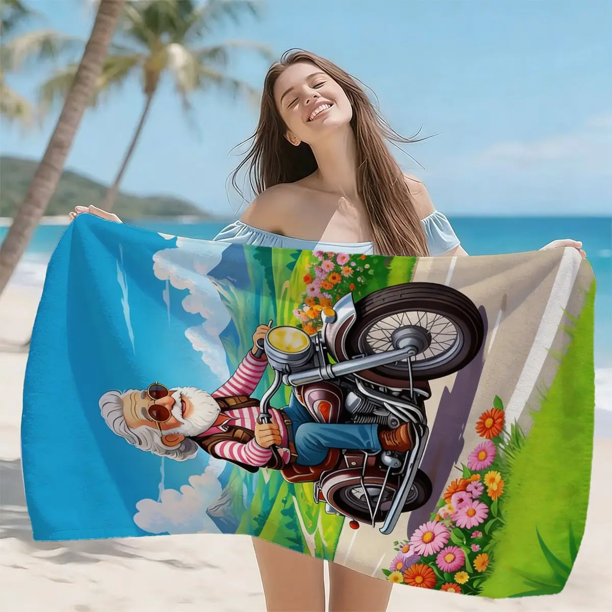 Motorcycle Santa Claus Print Beach Towel, Quick-Dry Microfiber Bath Towel, Anti-Wrinkle Easy Clean, Home Decor, Camping Towel, Creative Gift
