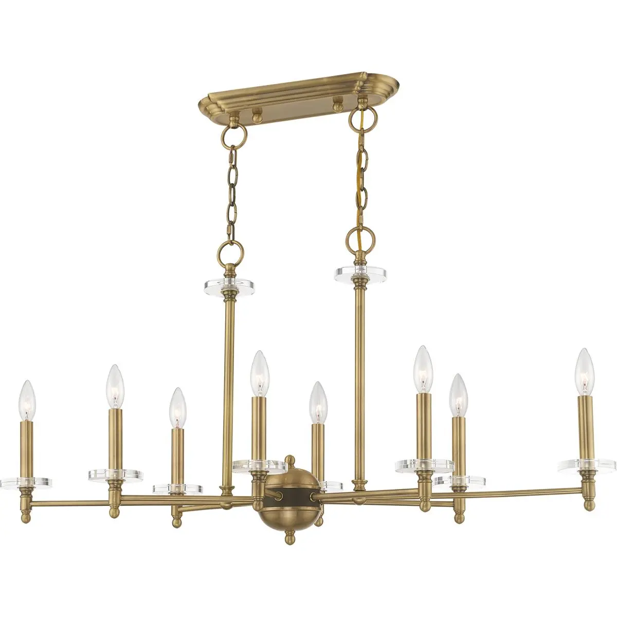 14 inch 8 Light Antique Brass Linear Chandelier with Clear Crystal Bobeches Shade
