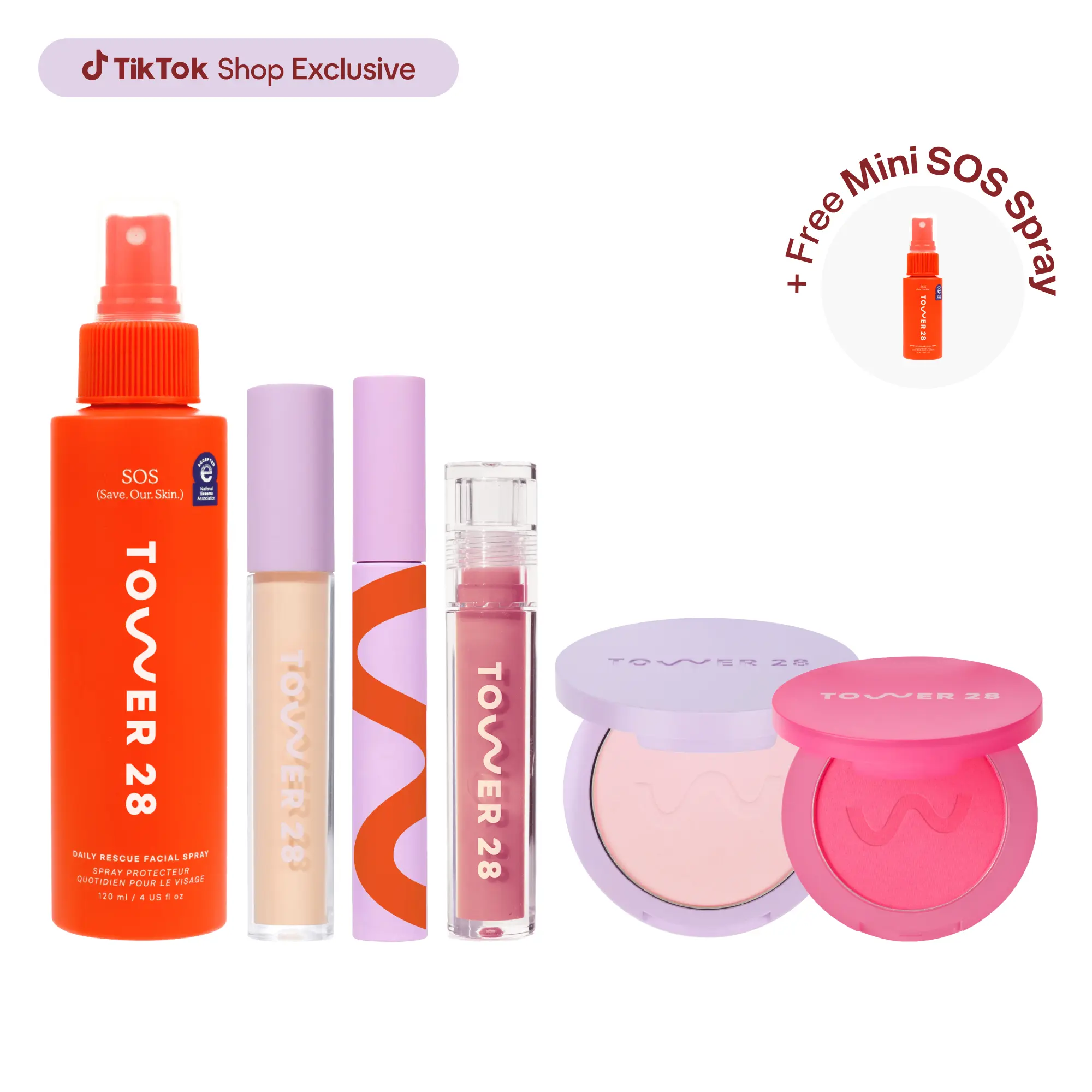 Tower 28 Full Routine Set: SOS Spray, Concealer, Setting Powder, Blush, Mascara & FREE Lip Jelly