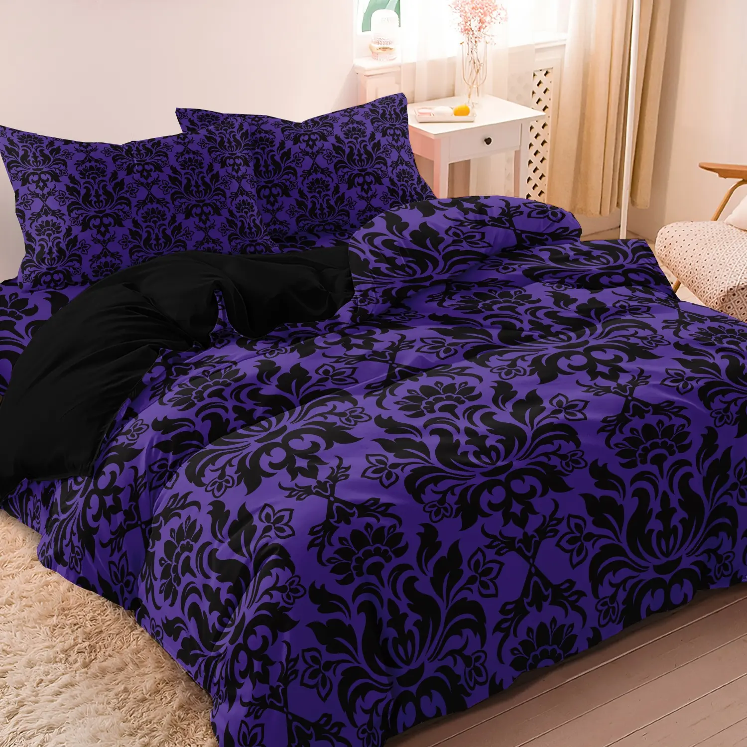 Dreamfields Purple Black Damask Duvet Cover Set, Decorative Duvet Cover, Soft Microfiber 3-Piece Bedding Set with Zipper & Corner Ties, Gothic Baroque Floral Pattern Comforter Cover, Bedroom Decor (1 Duvet Cover, 2 Pillowcases; Comforter Not Included)