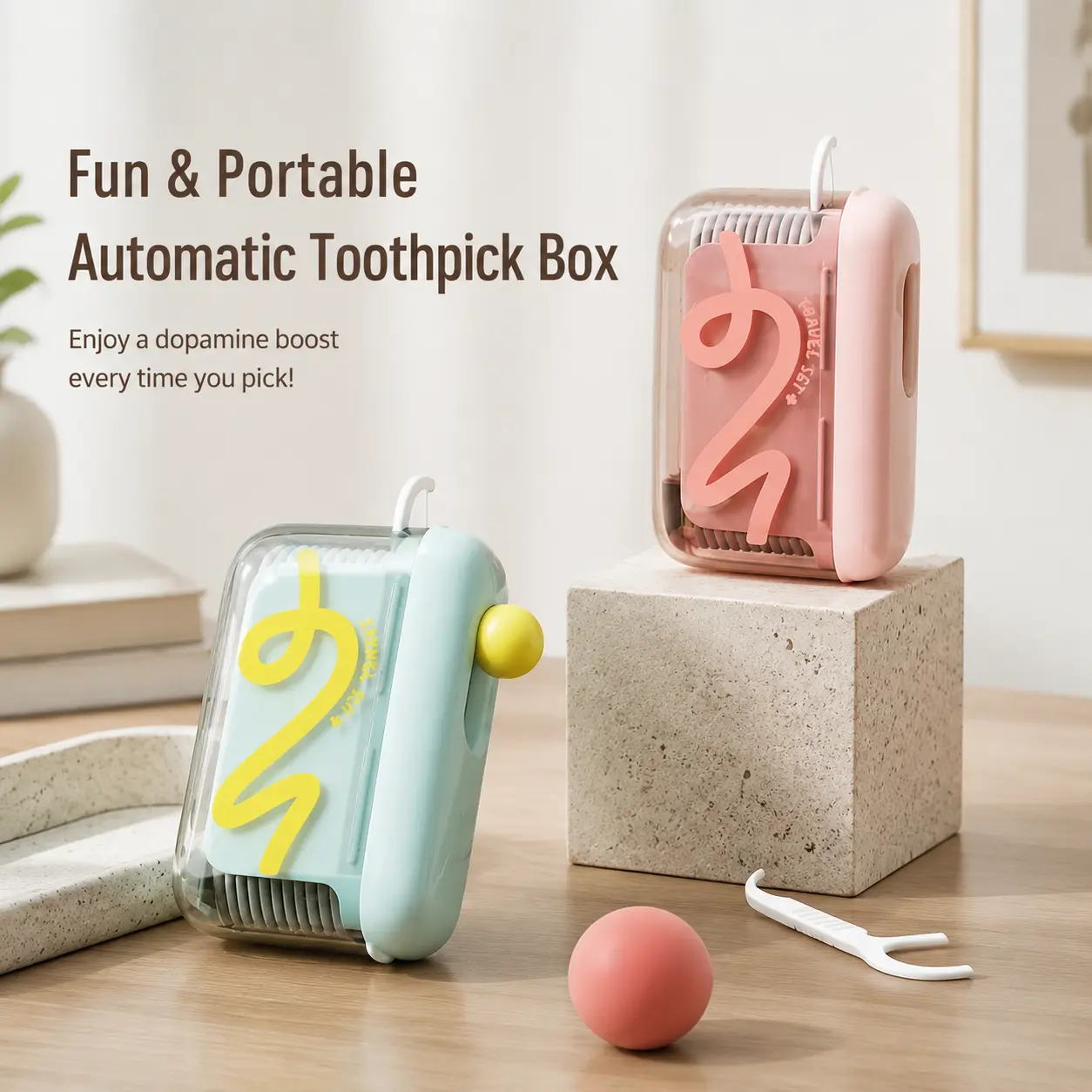 Automatic Pop-Up Oral Care Floss Pick Dispenser - Smooth Plastic Mini Refillable Floss Holder, Cute Dopamine Storage Case for Purse, Home
