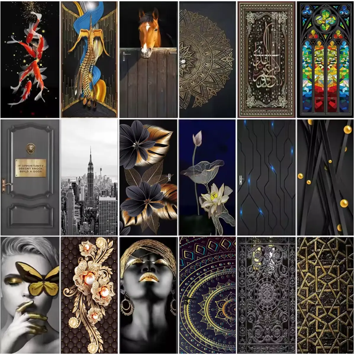 （18 style）Modern Black Backgroud Door Sticker Self Adhesive Vinyl Retro Cool Pattern Wall Sticker Waterproof Simple Style Home Decor Decal