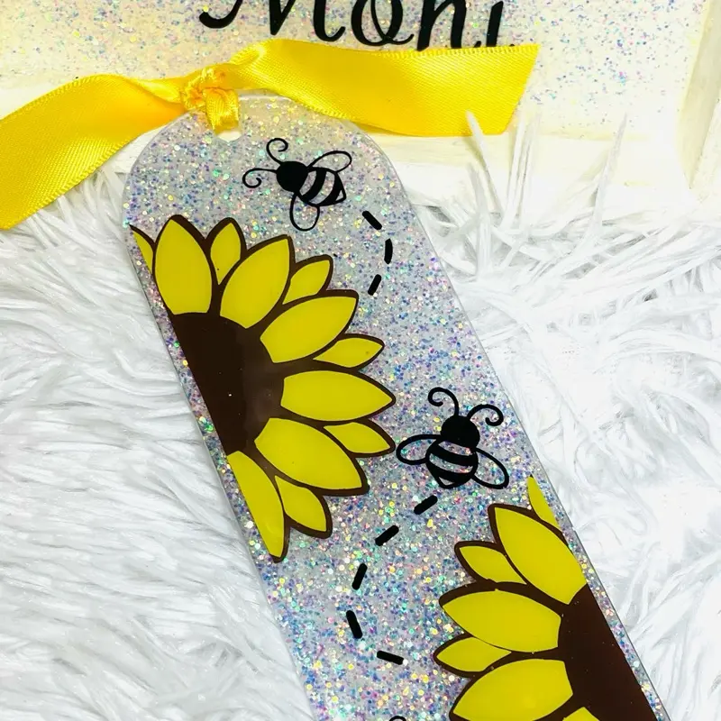 Acrylic Glittered Bookmarks 6x2 Inch Sunflower and Bee Design with Yellow Ribbon Bookmark for Books and Notebooks