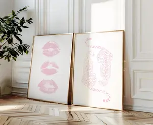 Pink Cheetah Wall Print Trendy Pink Gallery Set Of 2 Kiss Lips Wall Art Apartment Decor Preppy Room - No Frame