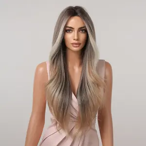 Ariel-DWY Long-length Wave Gery Brown Mixed Glueless Synthetic Wig for Women 28 Inches