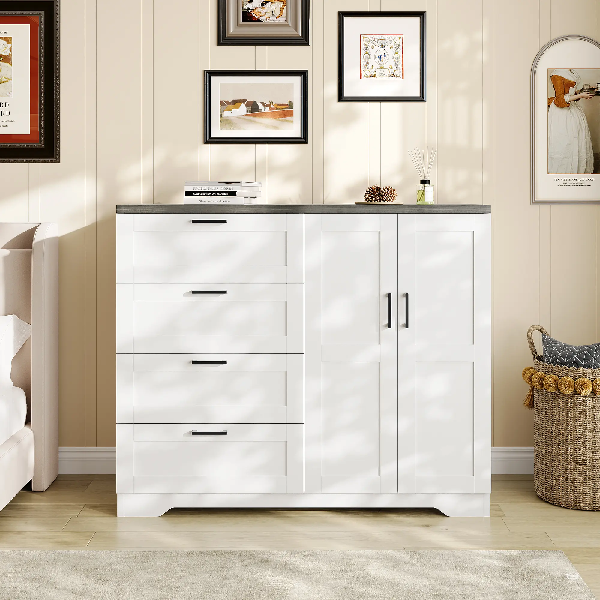 【GARVEE】43.3" Tall Wooden Wardrobe Armoire with 2 Doors & 4 Drawers, Multifunctional Dresser with Hanging Rod for Bedroom, Gray