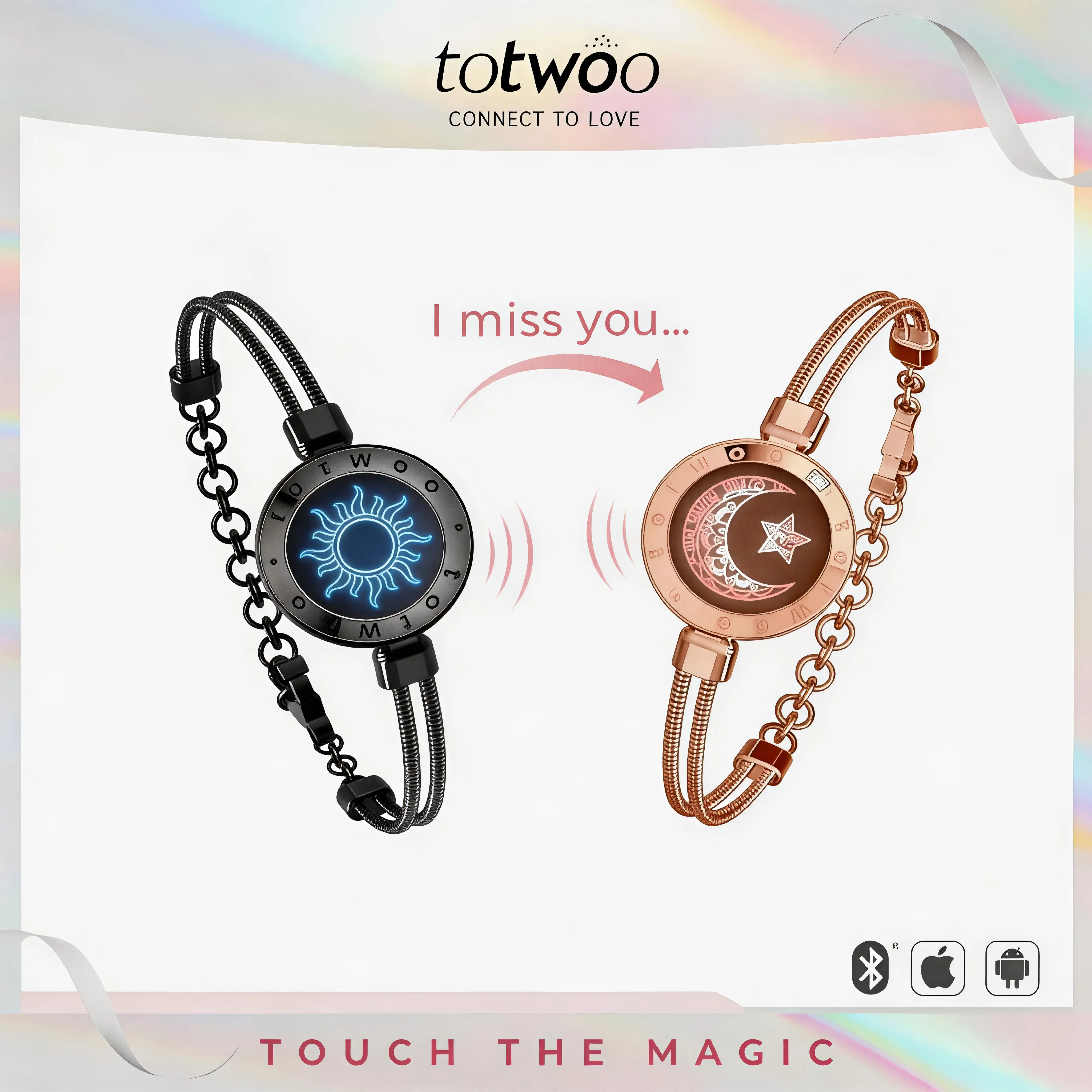 TOTWOO Couples' Long Distance Touch Bracelets - Women's Fashion Smart Bracelets, 1-to-1 Bluetooth App Pairing, Light-Up & Vibration Features, Romantic Girlfriend Gift