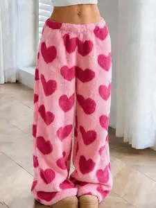 Women's Plush Heart Print Wide-Leg Pants - Ultra Soft Fleece Casual Lounge Wear for Cozy Home Relaxation, High-Waisted Full-Length Design, Single Piece in Pink Love Pattern, Loungewear