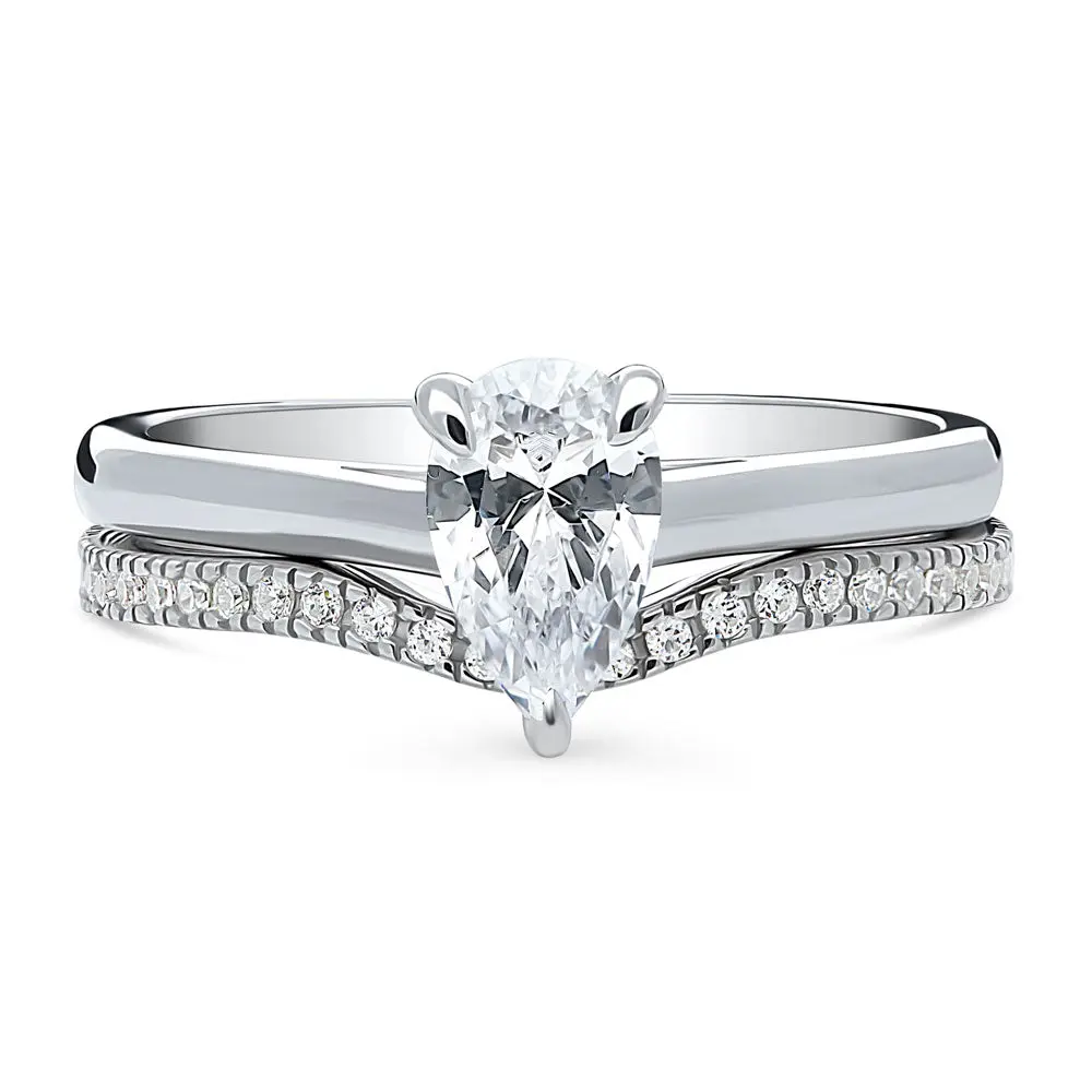 BERRICLE Sterling Silver Solitaire Wishbone Engagement Promise Rings Stackable Band for Her, 0.8 Carat Pear Cut Cubic Zirconia CZ Ring Set