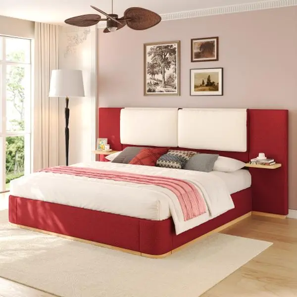 Bellemave Queen/King Size Upholstered Platform Bed with Red Diamond Tufted Headboard, Anti-Collision Soft Rounded Corners, Stable & Solid, No Box Spring Needed, Easy Assembly, Integrated Shelves for Storage