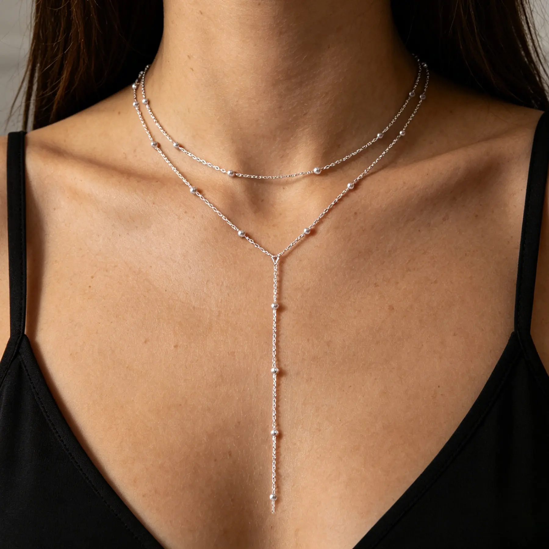 Layered Silver Necklace for Women, Dainty Silver Plated Long Necklaces for Women Trendy Lariat Y Shaped Cubic Zirconia Pendant Necklaces Fashion Jewelry for Women Gift