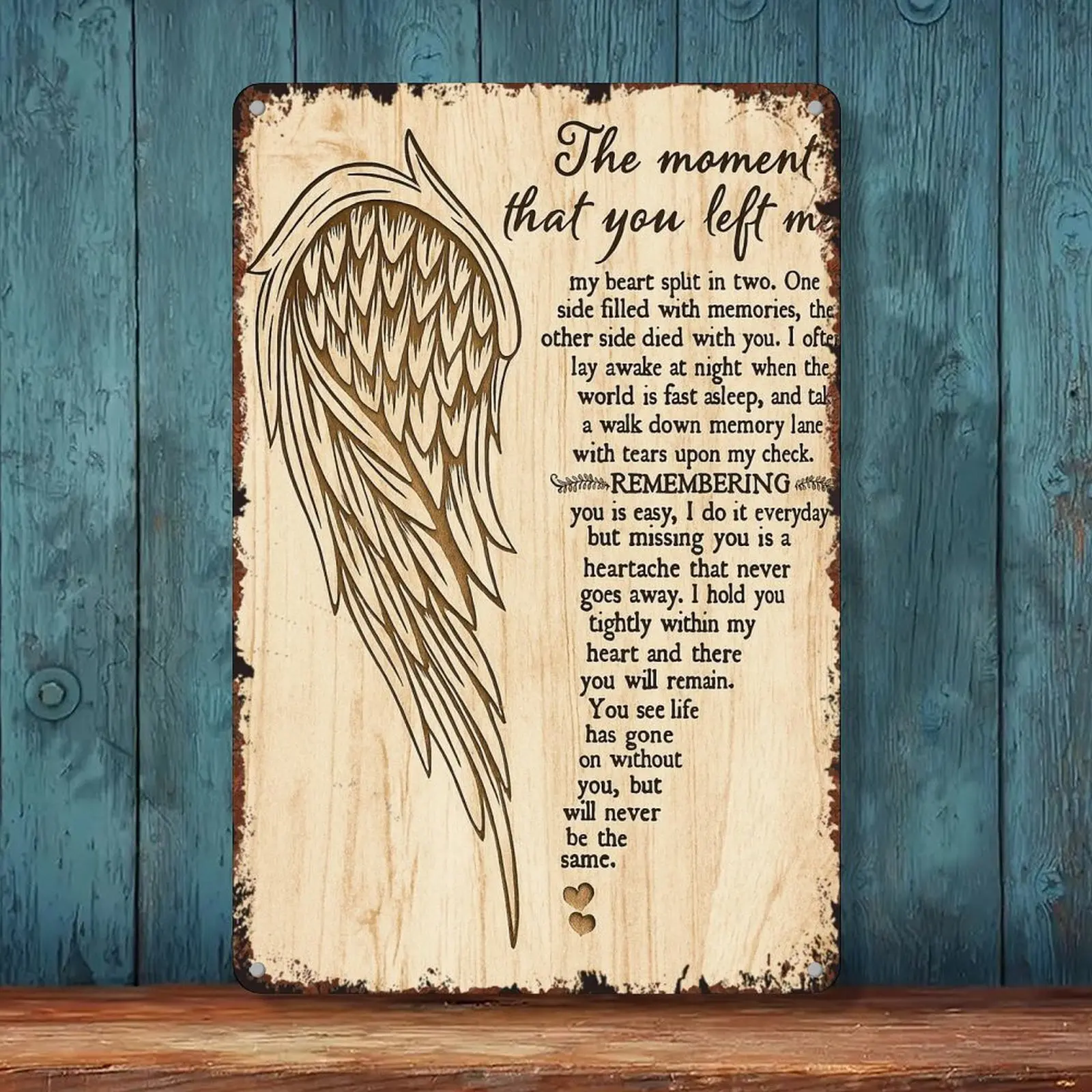 8x12 in Rectangle Hangable Aluminium Memorial Tin Sign - Angel Wing Poem Text Wall Plaque, Light Wood Grain Sympathy Home Decor, Easy-to-Hang Commemorative Bereavement Gift for Memorial Rooms
