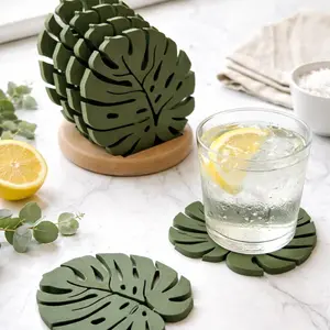 Set of 5PCS Monstera Leaf Coaster Set, Non-Slip Heat Resistant Silicone Drink Coasters, Tropical Green Plant Home Decor, Aesthetic Cup Mats for Coffee Table, Unique Gift for Plant Lovers, Housewarming Kitchen Accessories (Base included)