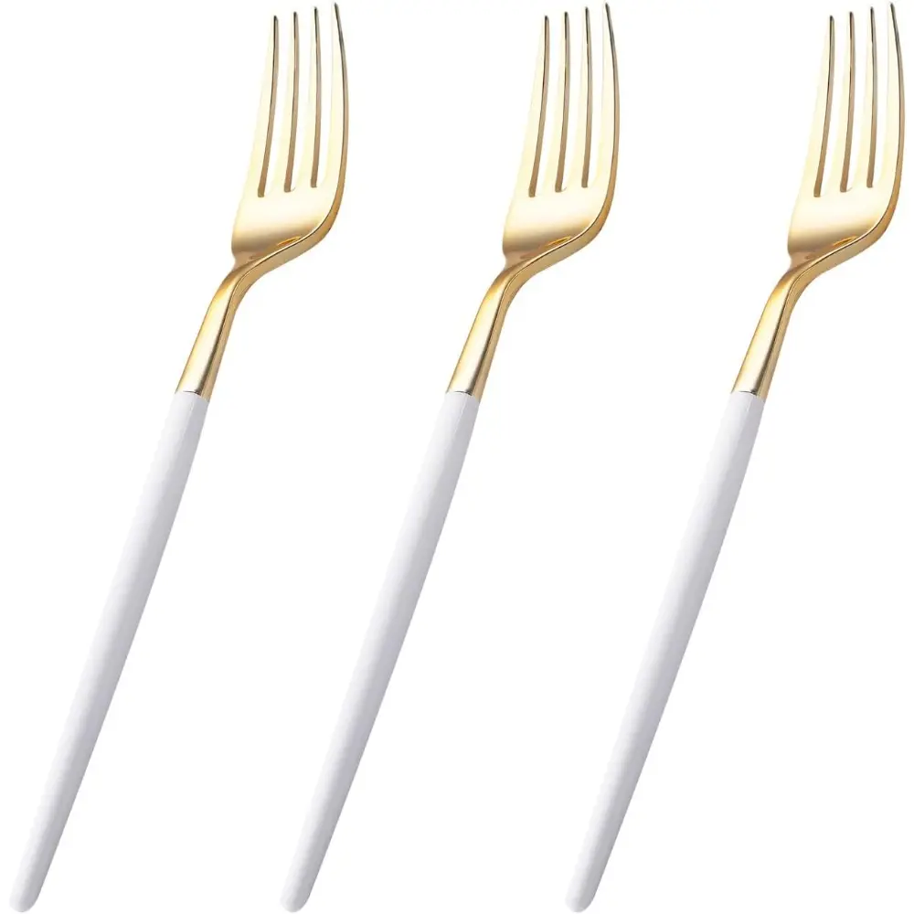 144-Count Disposable Gold Fork Set - Plastic Cutlery with White Handles, Disposable Tableware Pack for Party, Wedding, Gift